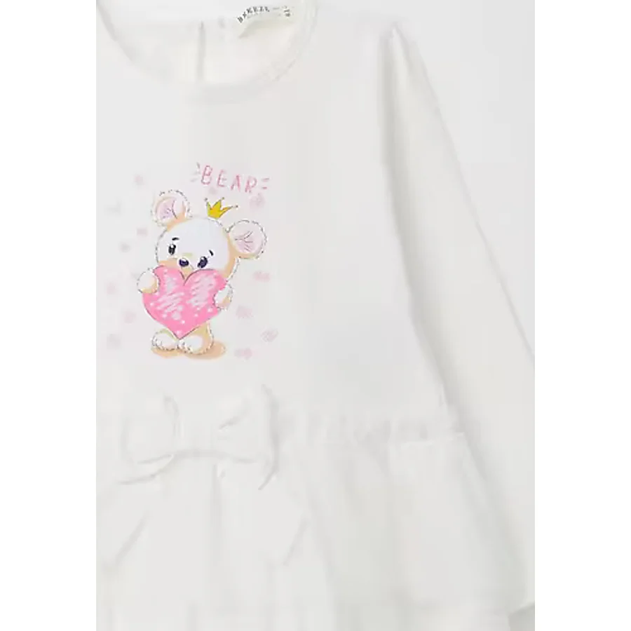 Breeze Kız Bebek Uzun Kollu Elbise Sevimli Kral Tacı Takan Ayıcık Baskılı 9 Ay-3 Yaş, Ekru