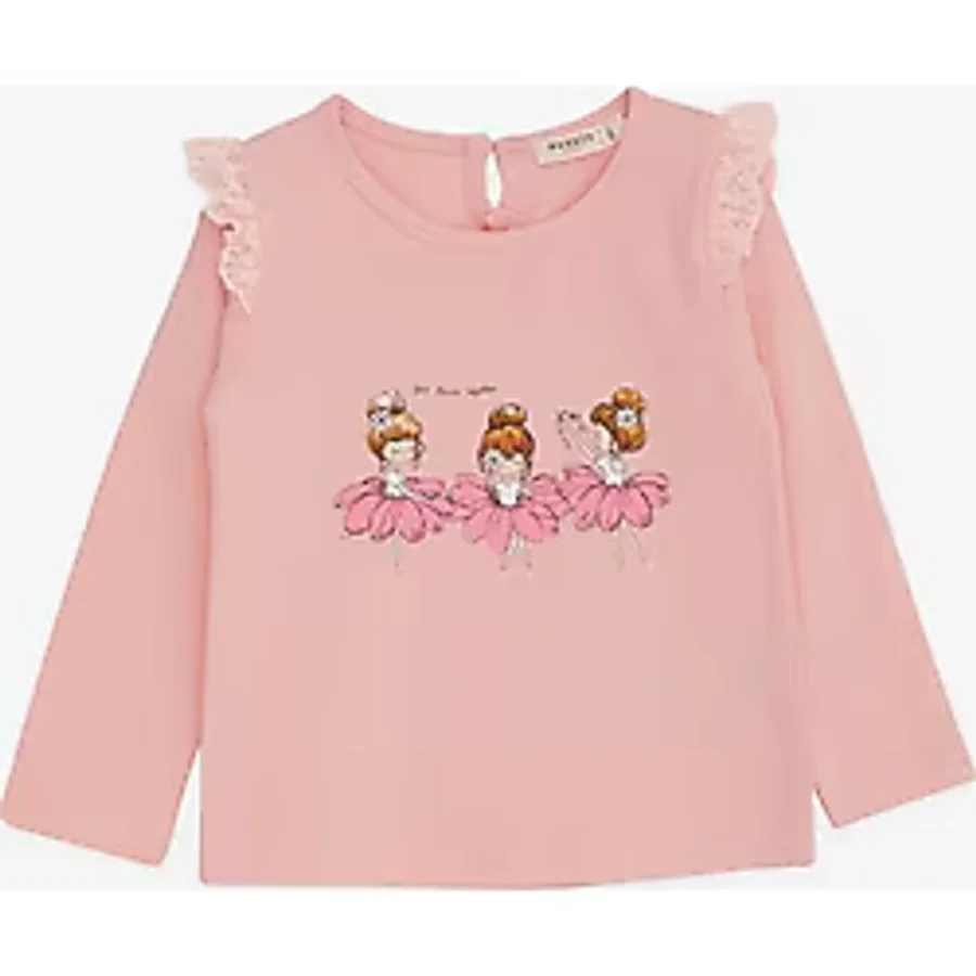 Breeze Kız Bebek Uzun Kollu Tişört Danscı Kız Baskılı Güpürlü 9 Ay-3 Yaş, Pudra