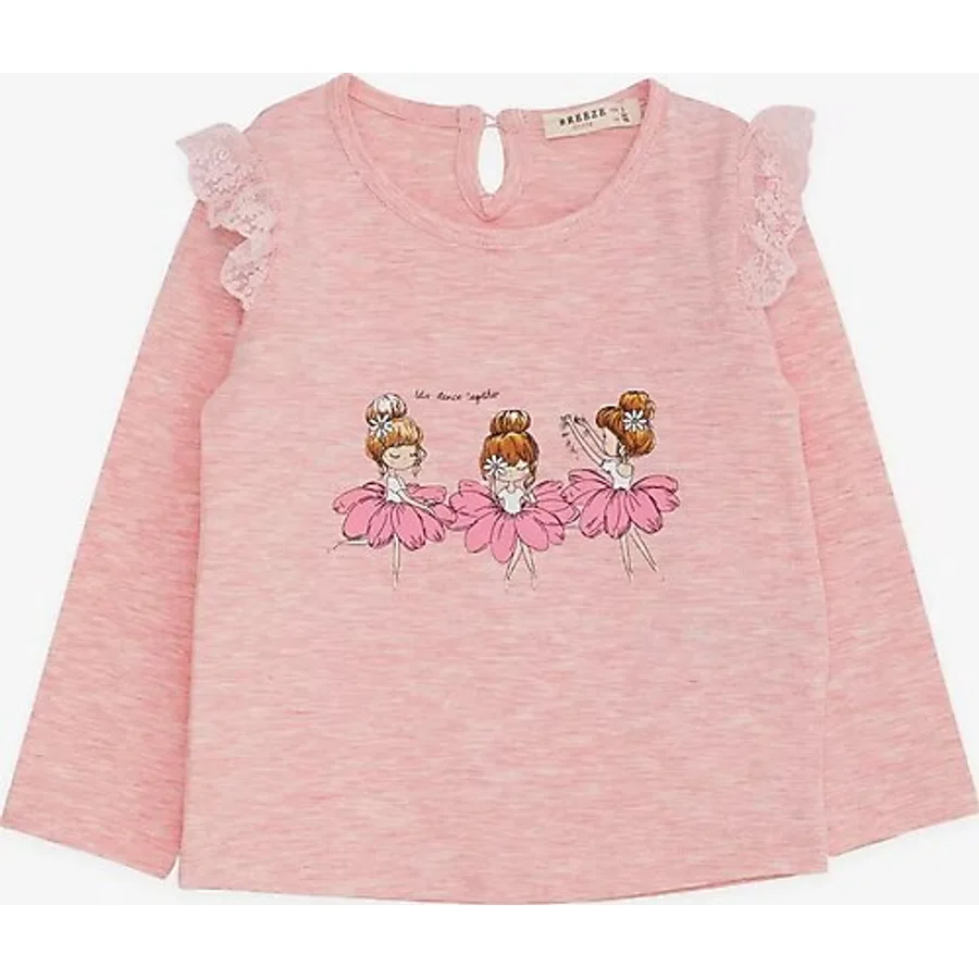 Breeze Kız Bebek Uzun Kollu Tişört Danscı Kız Baskılı Güpürlü 9 Ay-3 Yaş, Somon Melanj