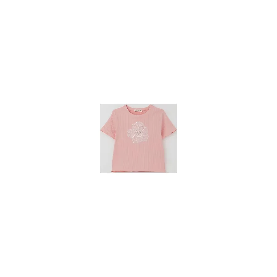 Breeze Kız Çocuk Tişört Tül Çiçek Armalı Boncuk Aksesuarlı Kemer Boy 8-14 Yaş, Pembe