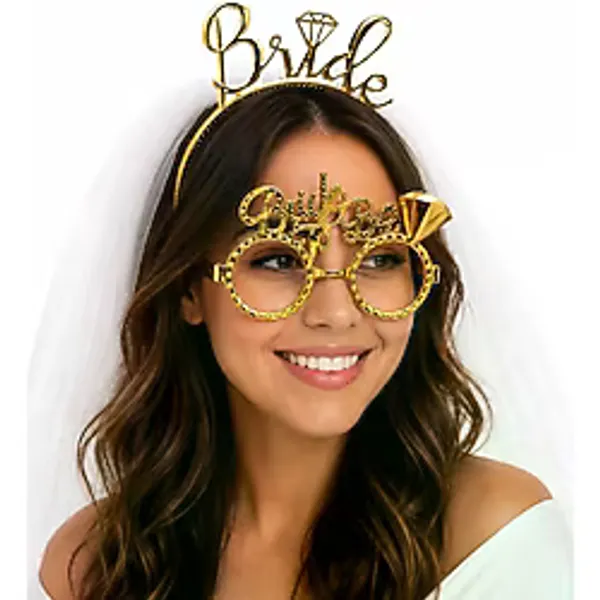 Bride Yazılı Gold Taç ve Parti Gözlüğü Seti