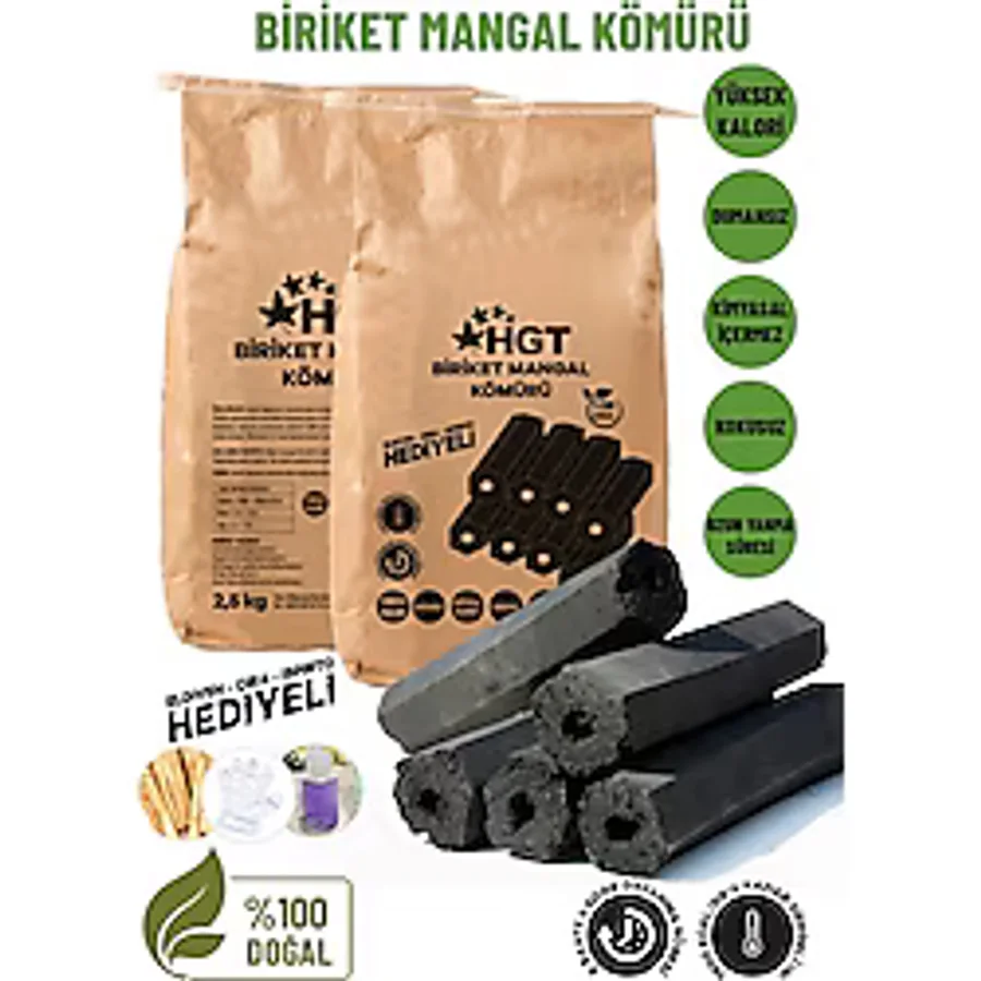 Briket Mangal Kömür Doğal Kimyasal Sız Presle Üretilmiş Dumansız Kokusuz Yüksek Isı 2,5 kg (Hediyeli) - Bej - 1 Adet