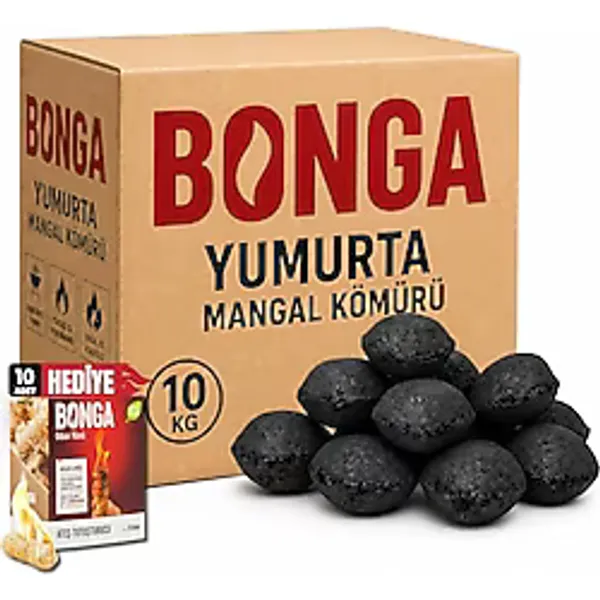 Briket Yumurta Kömür 10 Kg + Hediye 10 Adet Bonga Kömür Tutuşturucu %100 Doğal Uzun Süre Yanan En İyi Sıkıştırılmış Barbekü Mangal K