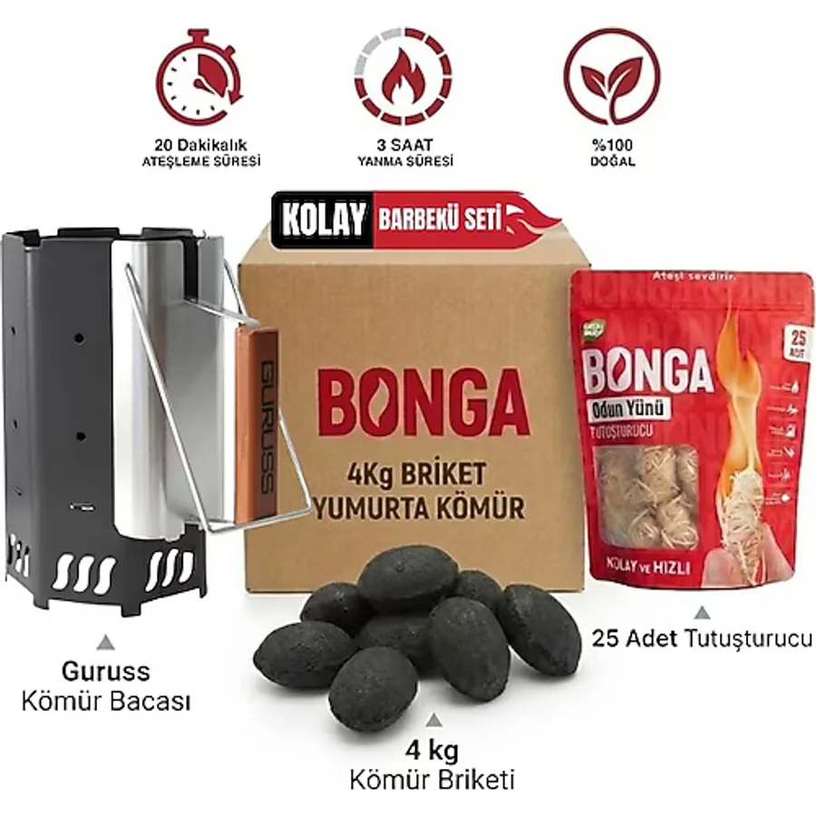 Briket Yumurta Kömür 4 kg - 25 Adet Kömür Tutuşturucu - Tutuşturma Bacası Uzun Süre Pişirme Seti Barbekü Mangal Kömürü