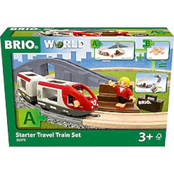 BRIO World - 36079 Starter Seyahat Tren Seti 3 yaş üzeri çocuklar için 22 parçalı ahşap oyuncak tren seti