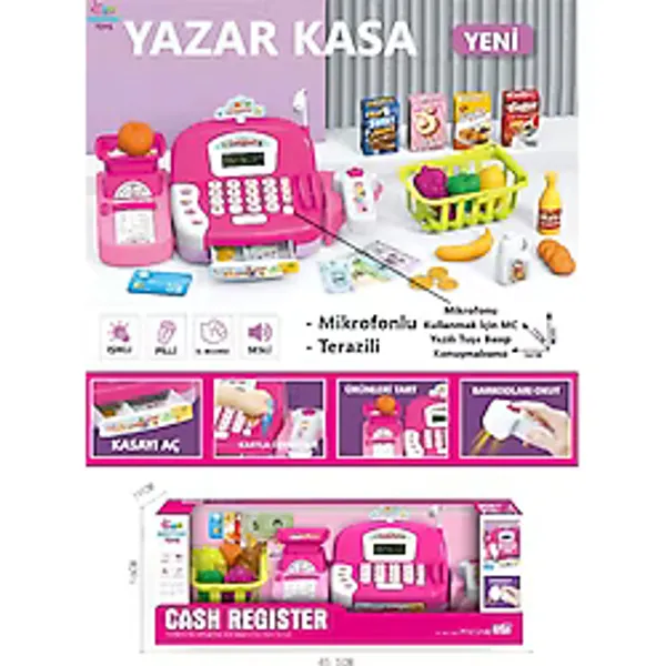 Brother Toys 29 Parça Sesli Hesap Makineli Terazili Mikrofonlu Barkod Okuyuculu Yazar Kasa Yazarkasa Pos Pembe