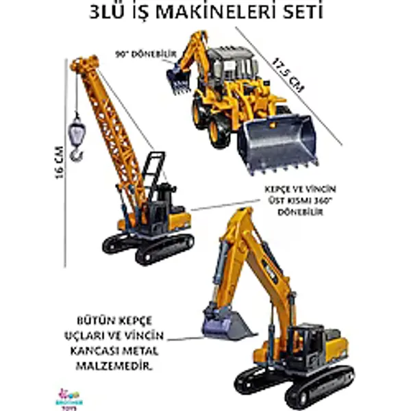 Brother Toys 3'lü Iş Makinesi Seti Kepçe, Vinç, Kazıcı-Yükleyici - Metal Uçlu Iş Makinaları Küçük Boy