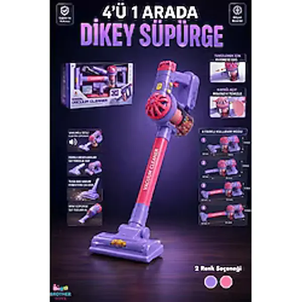 Brother Toys 4'ü 1 Arada Sesli Vakumlu Çekme Özellikli Aksesuarlı Pilli Elektrikli Oyuncak Dikey Süpürge