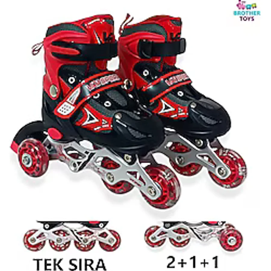 Brother Toys Çocuk Pateni Işıklı Çantalı Numara Ayarlanabilen Tek Sıra ve 2+1+1 Teker Paten Kırmızı Small 30-33