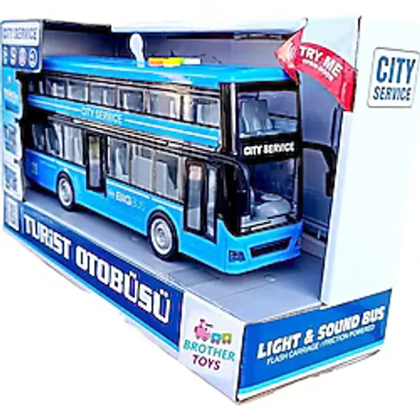 Brother Toys Turist Gezi Otobüsü Iki Katlı Ön ve Orta Kapısı Açılabilen Sesli Işıklı Oyuncak Şehir Otobüs 27 cm - Mavi