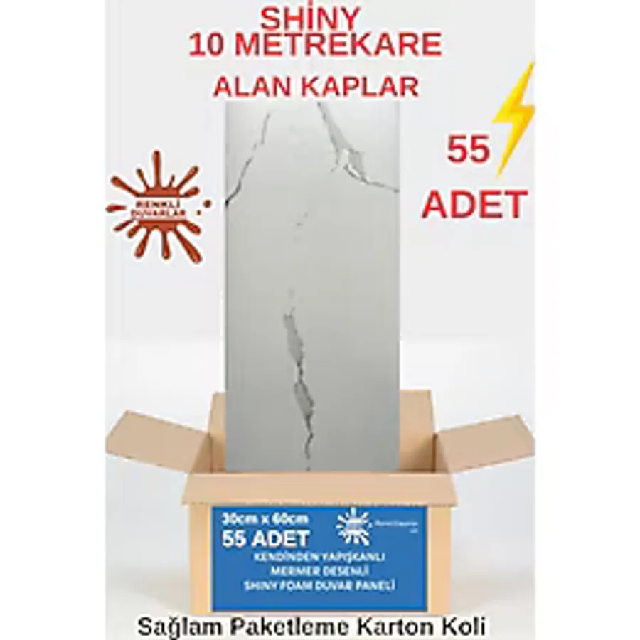 BS1763 Shiny 10M2 55 Adet 30X60CM Yapışkanlı Mermer Desenli Karavan Banyo Wc Duvar Kaplama Paneli - 30 x 60 cm