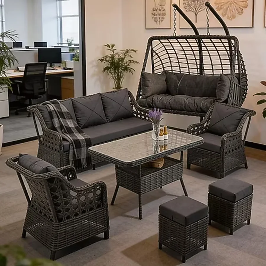 Btk Concept Datça 7 Kişilik Rattan Bahçe Mobilyası Ve 2 Kişilik Rattan Salıncak Seti - Antrasit Antrasit