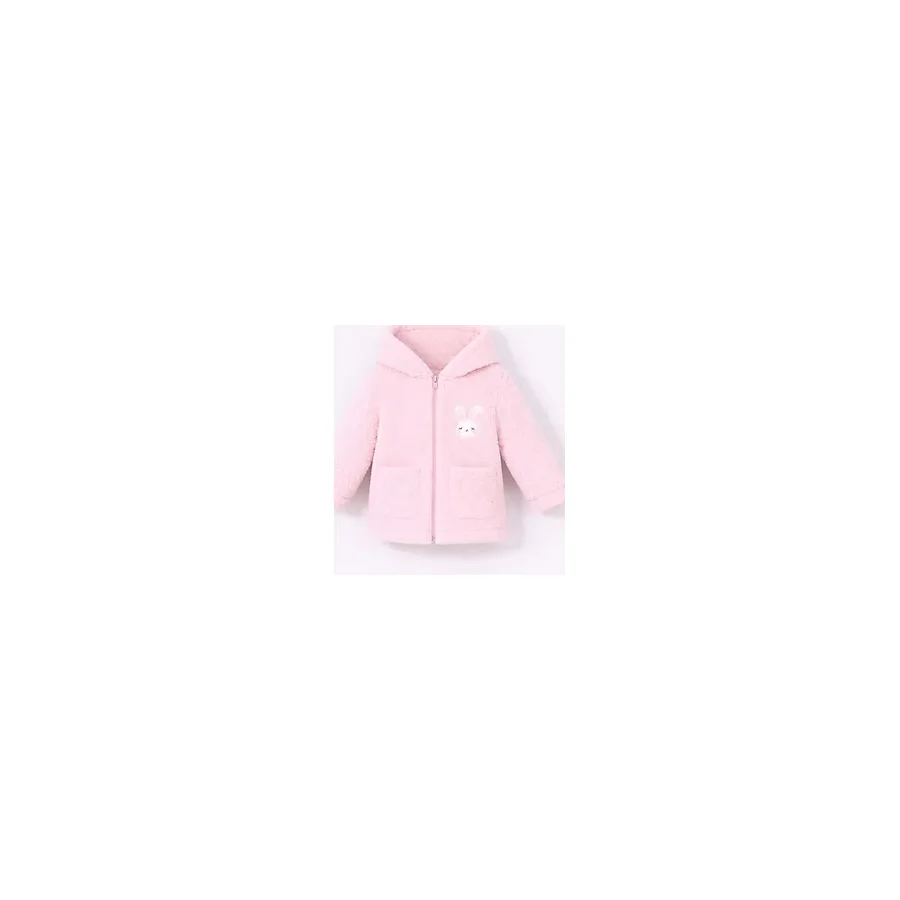 Bubito Tavşan Nakışlı Fermuarlı Cepli Kız Bebek Peluş Welsoft Kışlık Hırka-Pembe