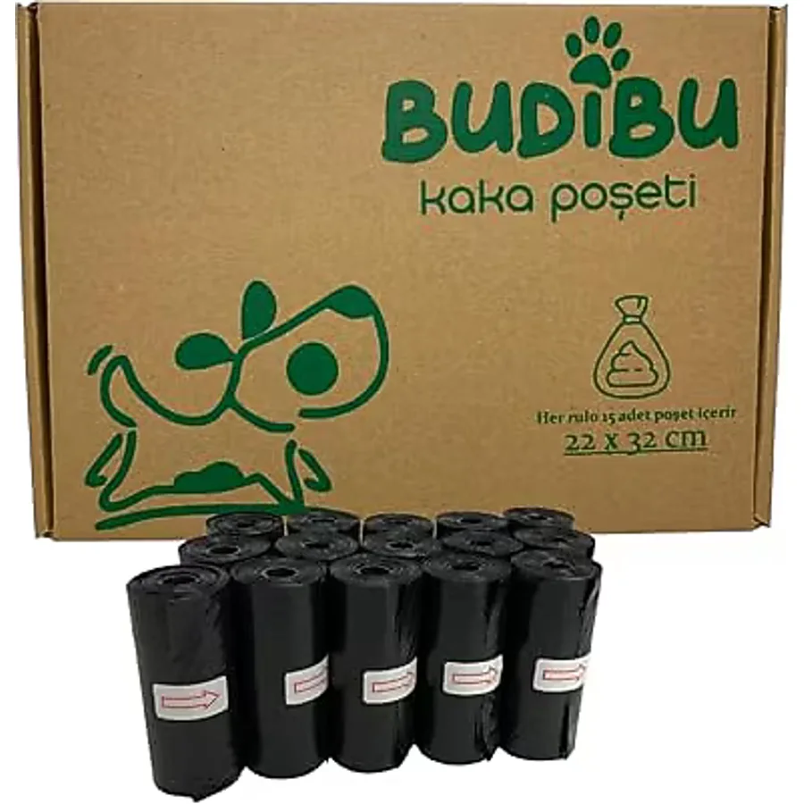 Budibu Kedi Köpek Kaka Poşeti Evcil Hayvan Dışkı Kaka Torbası 15 Rulo (225 Poşet) - Siyah
