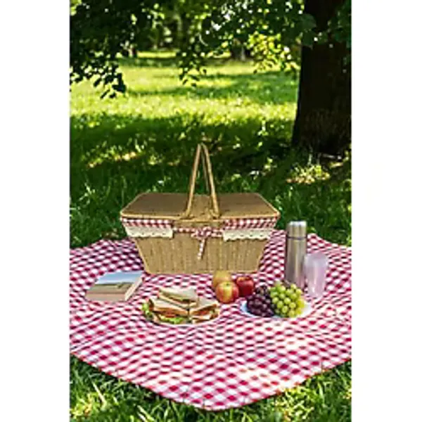 BUFFER 2 Kapaklı Dikdörtgen Hasır Görünümlü Piknik Sepeti, Plastik Rattan, Doğal Renk, Dantel ve Ekose Detaylı, 38.5x26x18 cm