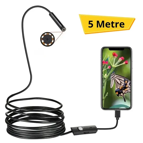 BUFFER 5 Metre Android Telefon Uyumlu 6 LED Işıklı Su Geçirmez Endoskop / Boroskop Yılan Kamera HD