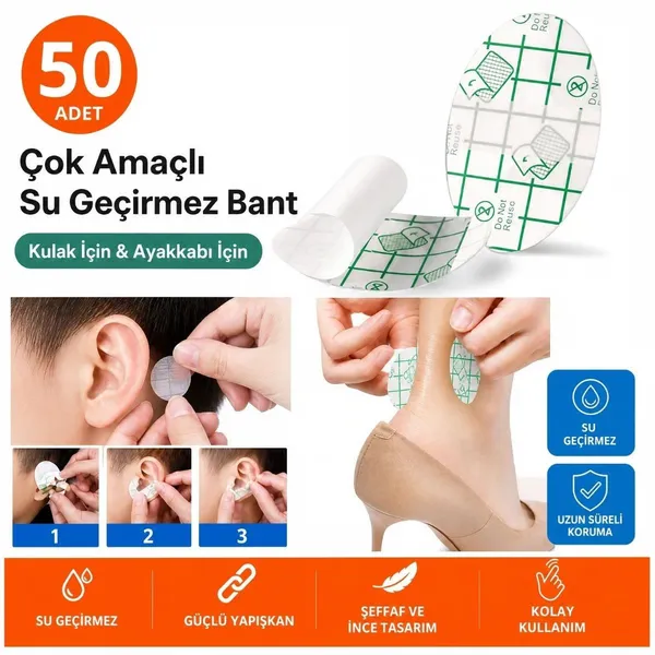 BUFFER 50 Adet Su Geçirmez Kulak Bandı ve Ayakkabı Vurma Önleyici Bant Seti, Çok Amaçlı Koruyucu Ya