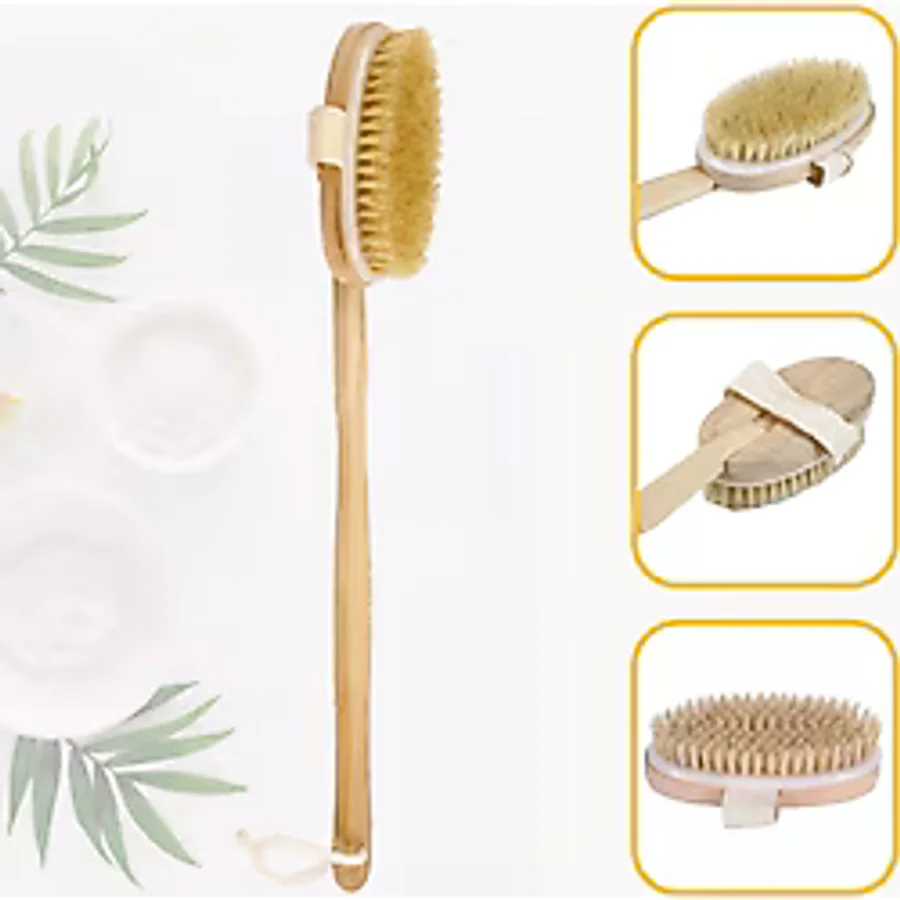 Buffer Doğal At Kılı Selülit Karşıtı Sapı Çıkabilen Ahşap Banyo Fırçası naturel