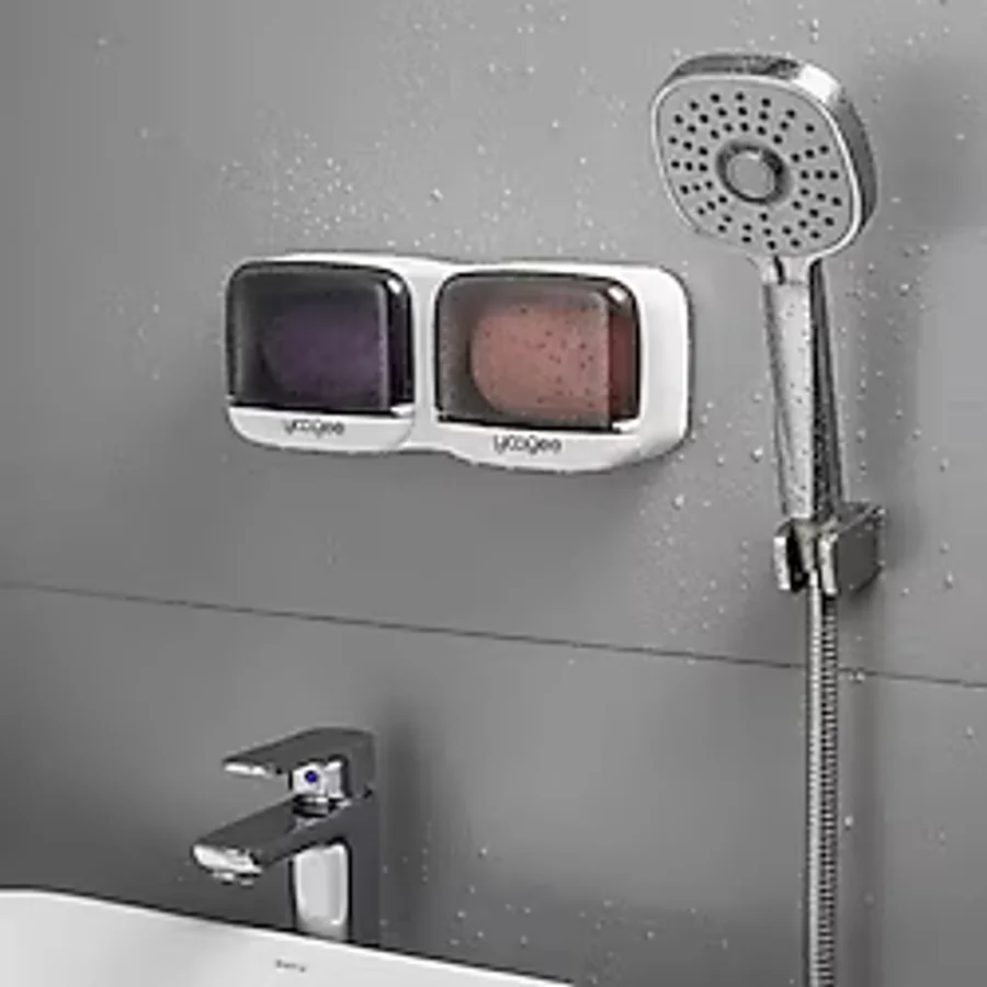 BUFFER Duvara Monte İkili Kapaklı Plastik Katı Sabunluk Organizer - Banyo & Mutfak İçin Yapışkanlı