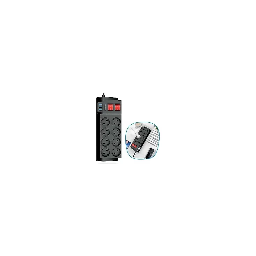 BUFFER Isıya Dayanıklı Termal Akım Korumalı 2 Metre 16A 4000W 8li Priz ve 3 Usb Li Uzatma Kablosu