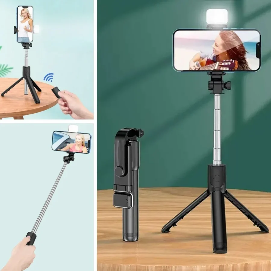 Buffer Kendiliğinden Işıklı Masaüstü Tripod Olabilen Telefon Tutuculu Kablosuz Kumandalı Selfie Çub