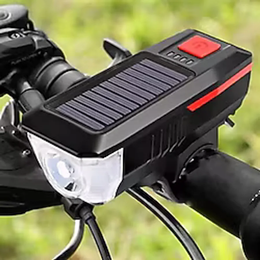 Buffer Solar Enerjili Usb Ile Şarj Edilebilir Ledli Bisiklet Feneri Kornalı Ve Su Geçirmez Far