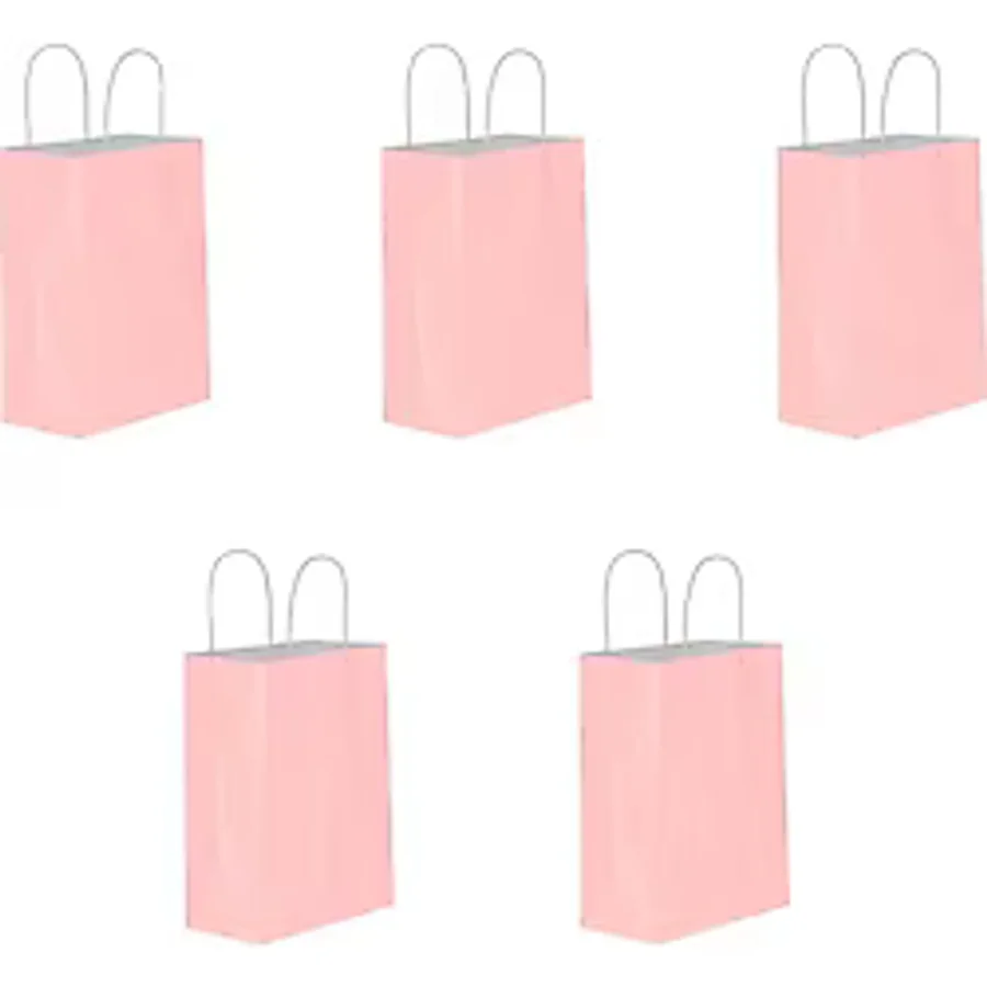 Büküm Saplı Kraft Kağıt Çanta Karton Hediyelik Poşet Torba - Pembe - 18x24 Cm. - 5 Adetlik Paket