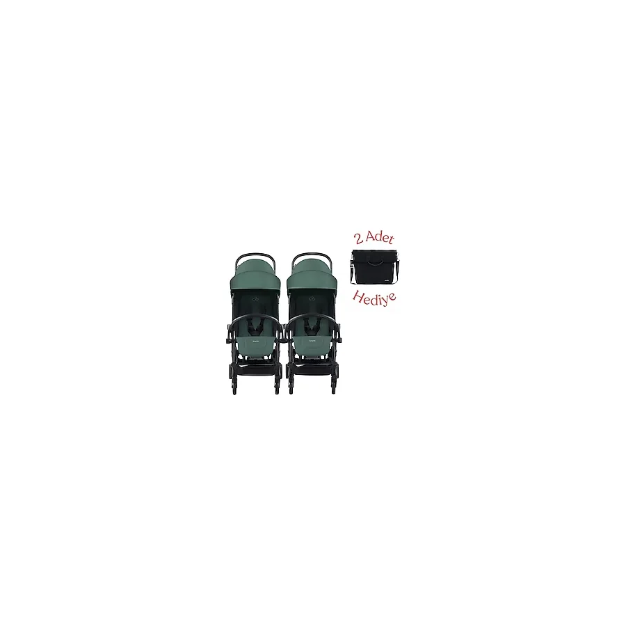 Bumprider Connect3 Ikiz Bebek Arabası Black - Olive & Yan Bakım Çantası Hediyeli - Olive Green