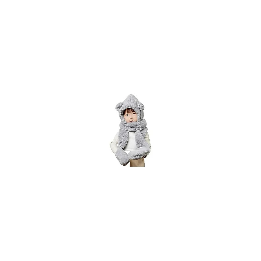 Bundera Babykid Çocuk Kapşonlu Peluş Bere Atkı Eldiven Welsoft Boyunluk Rüzgar Geçirmez Kulaklı Şapka (7-10 Yaş, Gri)