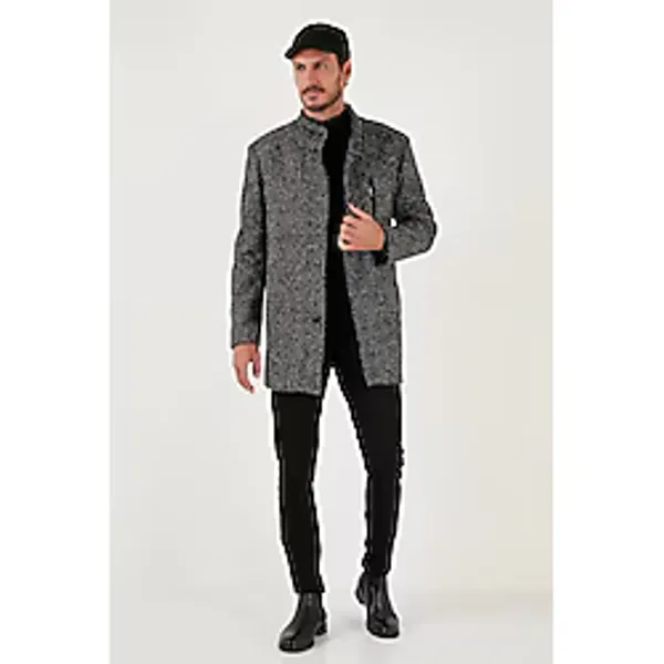 Buratti Düğmeli Dik Yaka Kırçıllı Slim Fit Kaşe Kaban Erkek Kaban 5841016 - Siyah