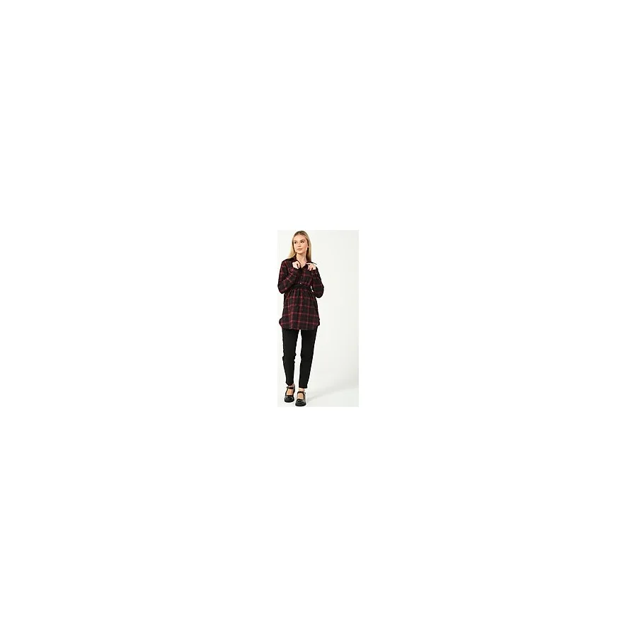 Busa Hamile Uzun Kollu Ekose Gömlek Bordo - 38
