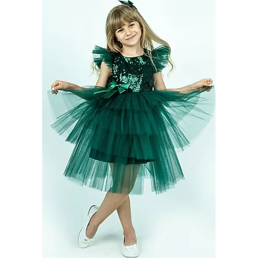 Buse & Eylül Bebe Yeşil Pullu Kız Çocuk Parti Elbisesi - Mor - 1 Yaş