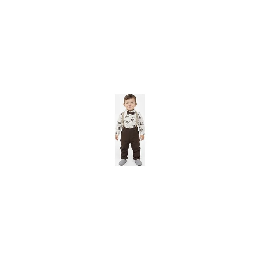 Butik Erkek Bebek - Çocuk Cıtcıtlı Pantolon Askılı Papyon Detaylı 4 Parça Takım - Kahverengi - 9 - 12 Ay
