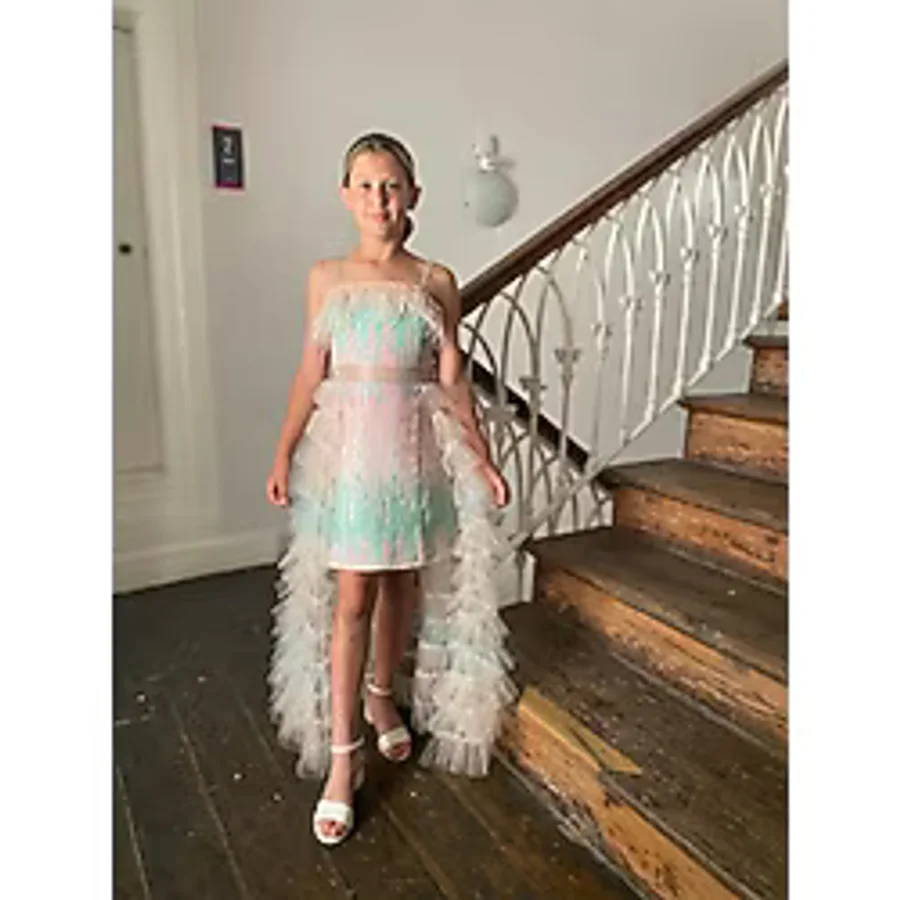Butik Happy Kids Kız Çocuk Pudra Payetli Kuyruklu Abiye Elbise Tül Detaylı Mini Uzun Kuyruklu Prenses Model Abiye Elbise 8-16 Yaş - Çok Renkli - 14 - 15 Yaş