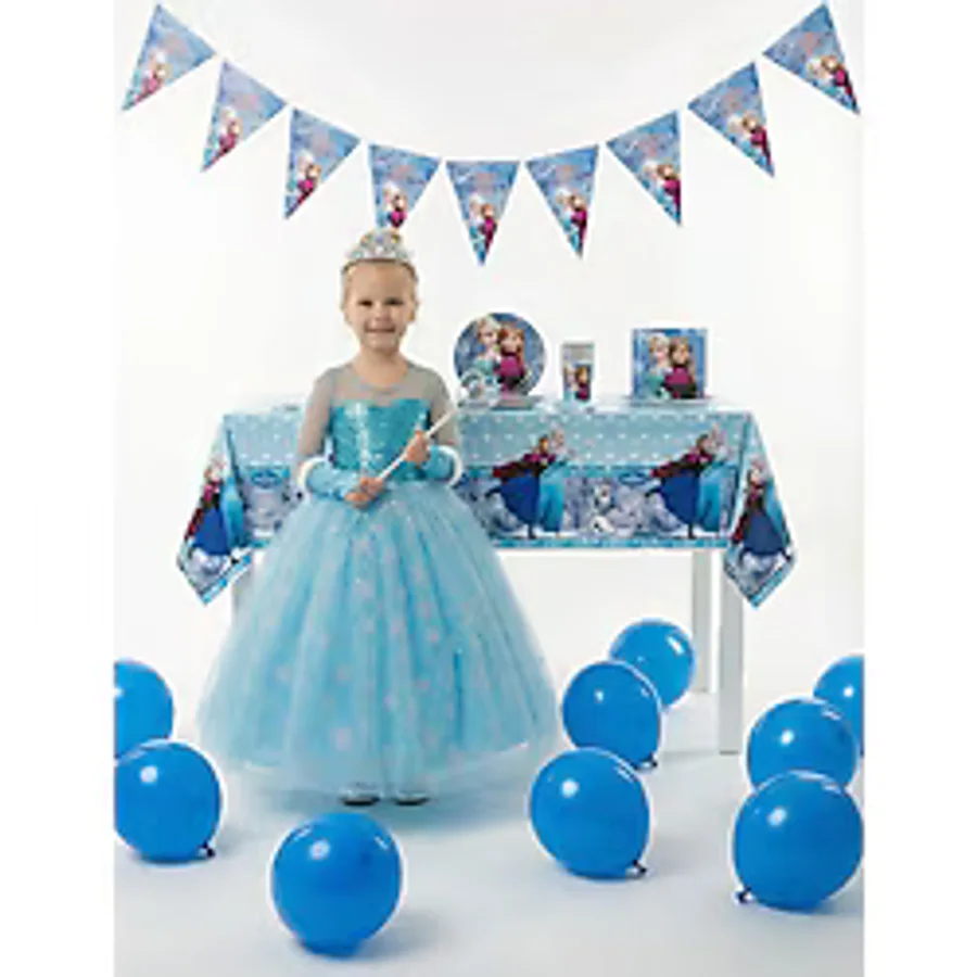 Butikhappykids Frozen Elsa Temalı Kız Çocuk Prenses Elbise Kollu Tüllü Kabarık Taç Asa Eldiven + Doğum Günü Parti Seti Hediyeli Mavi