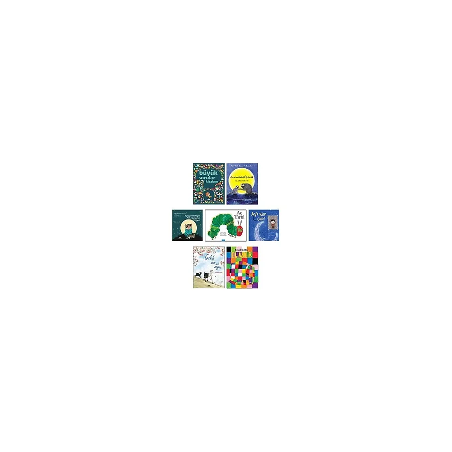 Büyük Sorular Kitabım + Avucundaki Öpücük + Uykuya Dalamayan Minik Yediuyurun Hikayesi + Aç Tırtıl (Eric Carle) + Ay'ı Kim Çaldı? + Farklı Ama Aynı + Elmer - 7'li Çocuk Masal Hikaye Öykü Kitapları