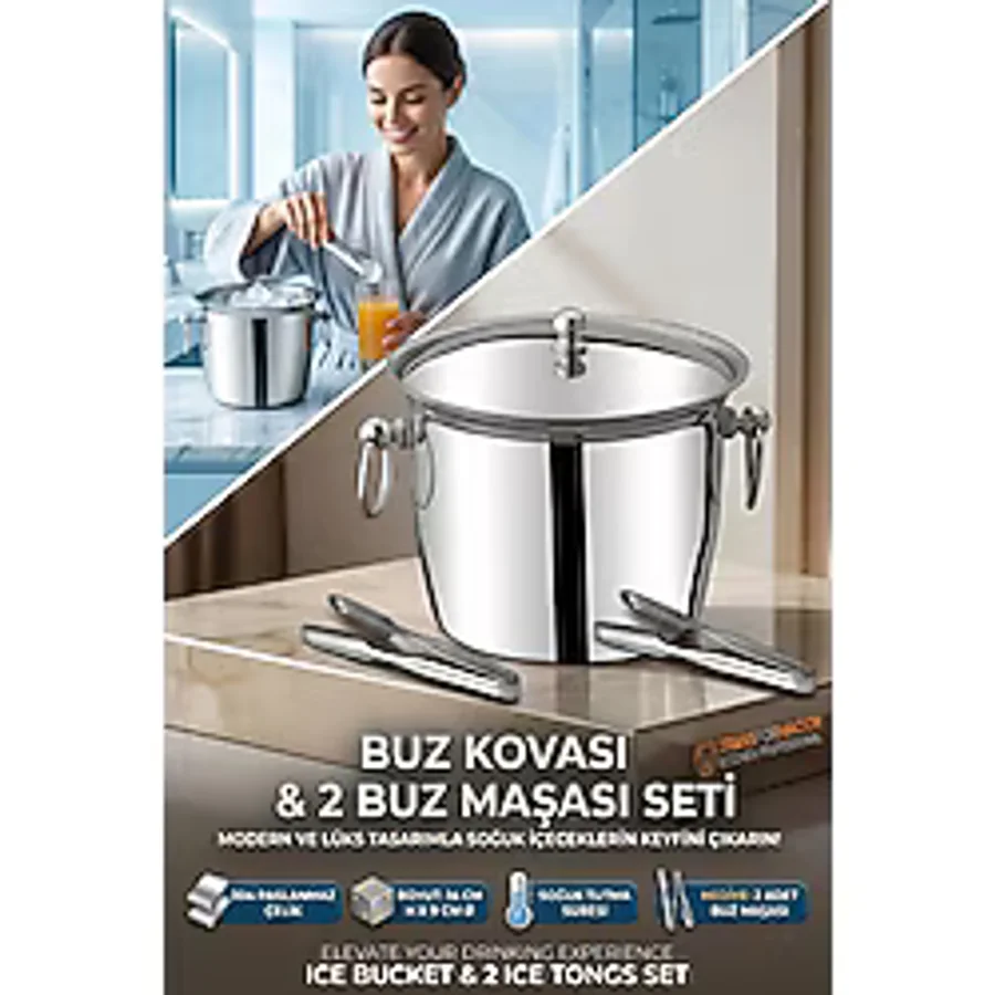 Buz Kovası 304 Paslanmaz Çelik ve Buz Maşası Seti Buz Termosu 721563