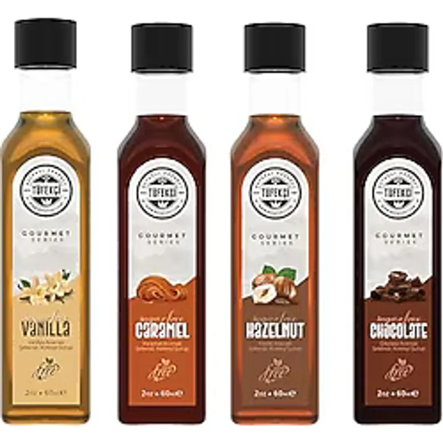 By Tüfekçi Gourmet Serias Şekersiz 0 Kalori 0 Şeker Aromalı Kahve Pasta Tatlı ve Kokteyl Şurubu (4 X 60 ml, 4'lü Çok Satan Dene Seti)