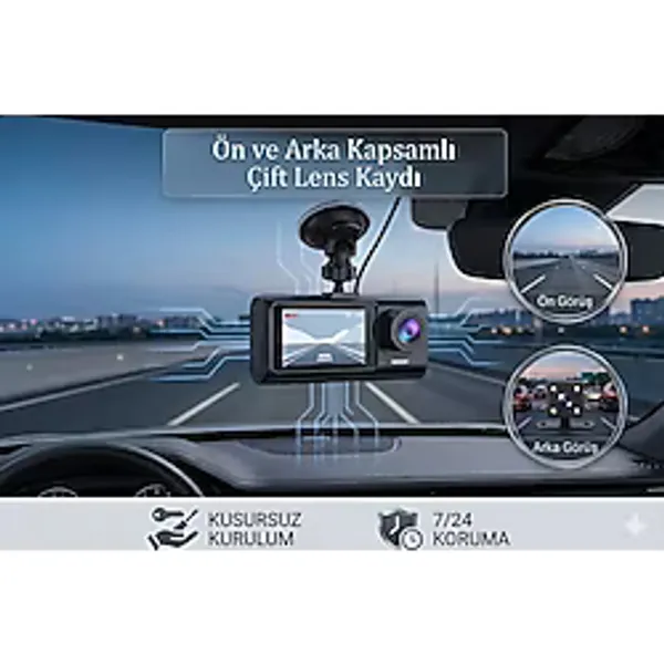C309 Araç İçi Araba Kamerası 1080P Full Hd Çift Lensli Araç İçi Kamera Seti 2" Ekran Geri Görüş Kamerası Dahil