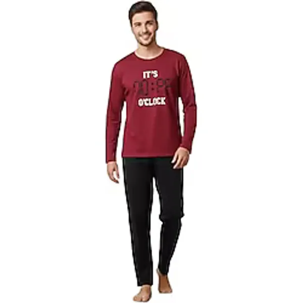 CALİA Erkek Uzun Kol Pijama Takımı, 2 İplik Şardonlu, Kışlık, Bordo, XL