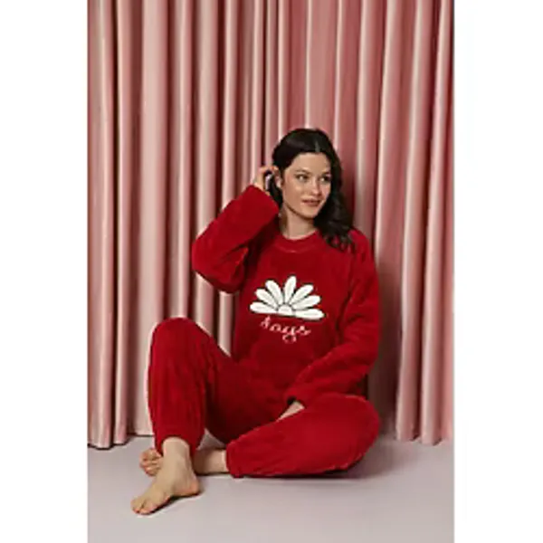 Calia Kadın Sıfır Yaka Havlu Velsoft Pijama Takımı Peluşlu Kışlık