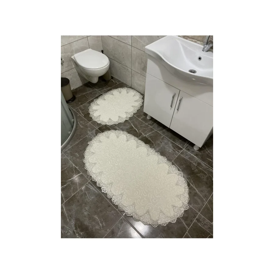 Çalışkan Çeyiz Evi Oval Fransız Dantelli Aplikli Banyo Paspas Seti - Ortası Desensiz 2li Çeyizlik Set