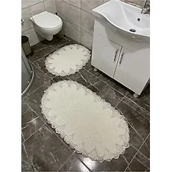 Çalışkan Çeyiz Evi Oval Fransız Dantelli Aplikli Banyo Paspas Seti - Ortası Desensiz 2li Çeyizlik Set