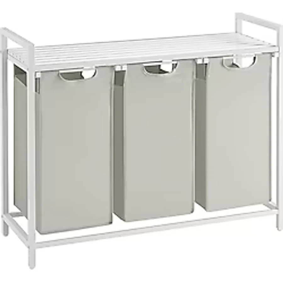Çamaşır Sepeti 3 Bölmeli, Raflı Çamaşır Torbası, Çamaşır Kutusu, Oxford Kumaştan Uzatılabilir Çamaşır Torbası, Metal Çerçeve, 3 x 38 L, 92,5 x 33 x 72 Cm, Beyaz BLH301W01
