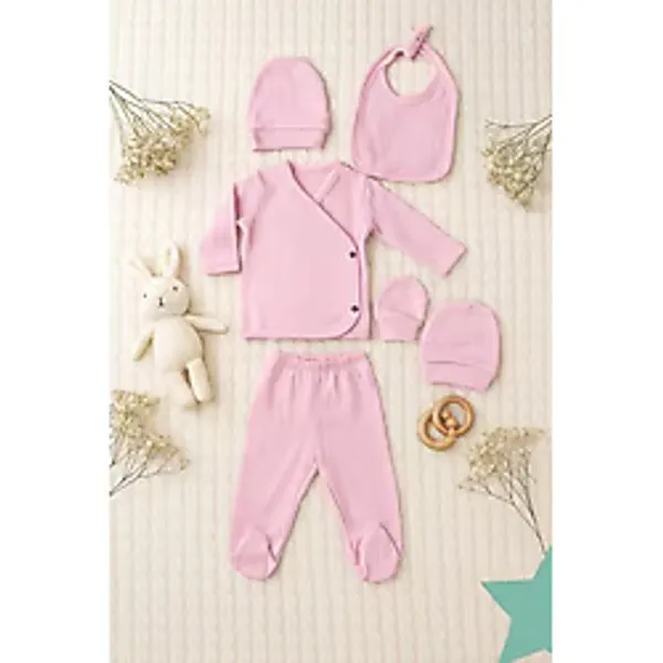 Can Baby Pembe 5'li Bebek Hastane Çıkışı Seti - %100 Organik Pamuk - Yeni Doğan Kız Bebek Kıyafet Seti - 0 - 3 Ay