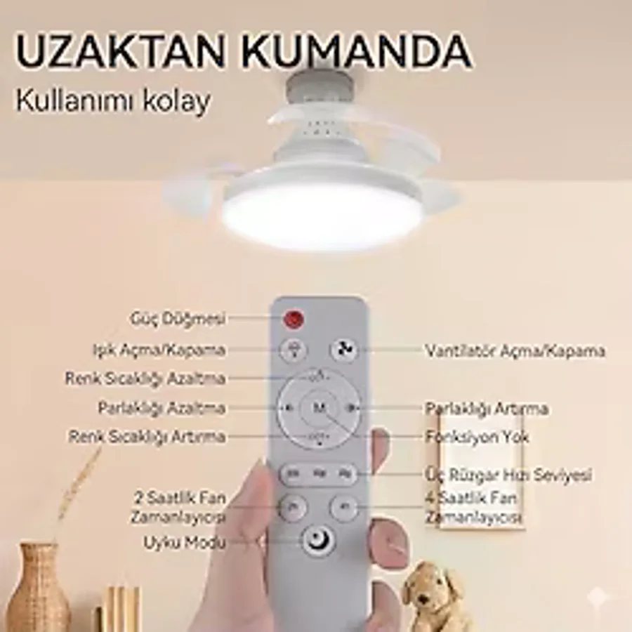 Canarino Dolunay Fanlı LED Ampul - 72W 7850 Lümen - 3 Renk Yanma Modlu (Beyaz, Gün Işığı, Natural) - Uzaktan Kumandalı, Dimlenebilir Hayalet Pervaneli Tavan Vantilatörü ve Aydınlatma - Ahşap