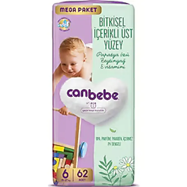 Canbebe Mega Paket Bebek Bezi 6 Beden XL (15-27kg) 62 Adet Bantlı Bez Konforu
