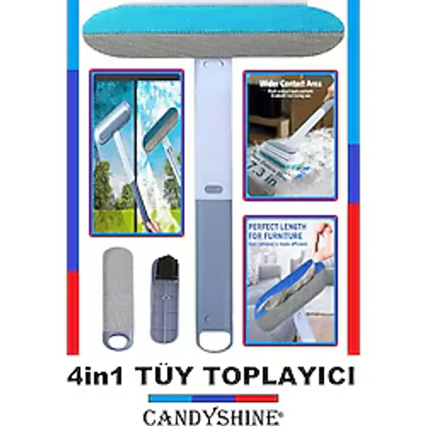 CandyShine 4in1 Çok Fonksiyonlu Fırça - Koltuk Halı Tüy Toplama Pencere Camı Tv Camı Temizleme Fırçası