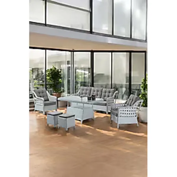 Canisa Akasya Serisi 1. Sınıf 3+1+1+2 Puf Beyaz Rattan Gri Minder Bahçe Takımı, Balkon Takımı