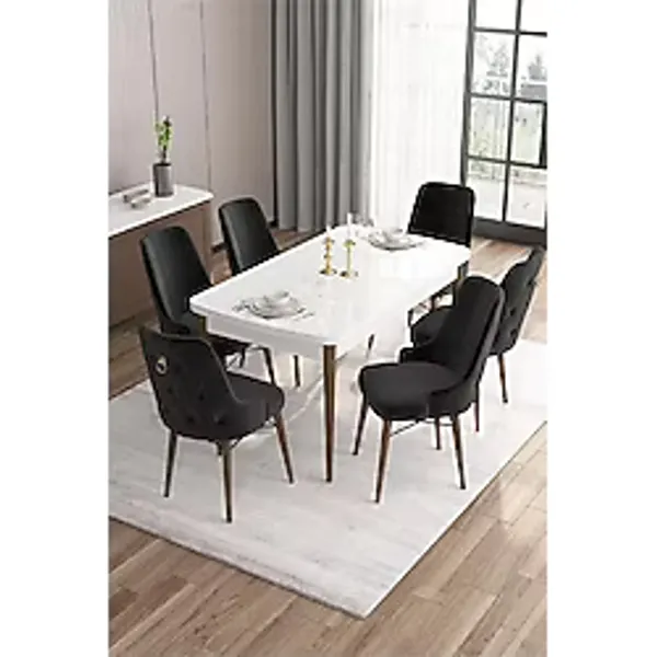 Canisa Are Serisi,beyaz Masa Ceviz Ayak Mdf 80x132 Açılabilir Yemek Odası Takımı,6 Sandalye Gold Halkalı